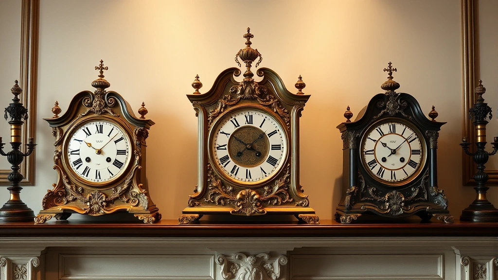 Elegant Victorian-era mantelpiece displaying three ornate Ansonia clocks with varying decorative cases including brass, porcelain, and cast iron materials in museum-quality lighting