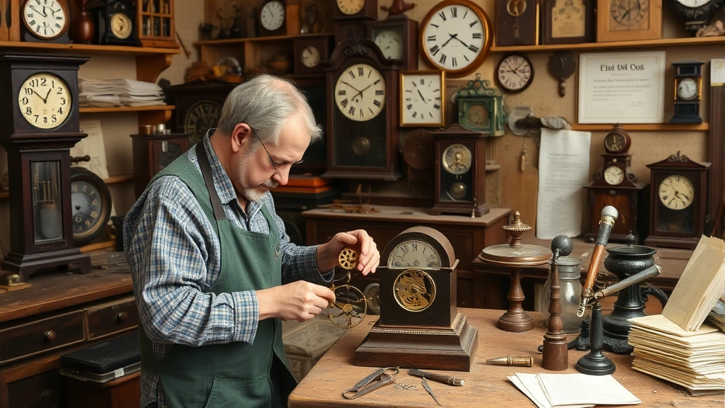 Antique clock workshop interior with restoration expert working on delicate clock mechanism at wooden workbench surrounded by vintage timepieces, tools, and reference materials