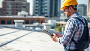 Professional facility manager in hard hat conducting roofing inspection on commercial building, using clipboard and observing membrane condition, bright daylight, modern urban commercial complex background
