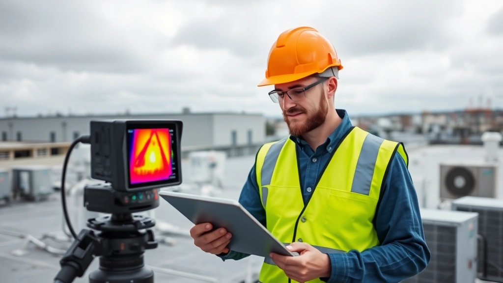 Thermal imaging camera displaying heat signature of commercial roof showing temperature variations, technician wearing safety vest reviewing data on tablet device, industrial rooftop setting with HVAC units