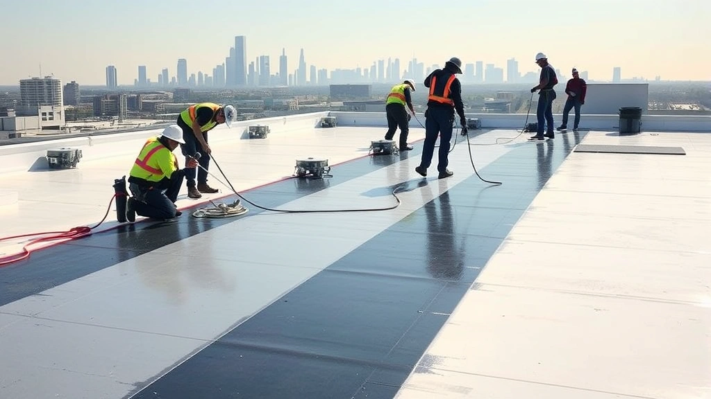 Commercial roofing crew performing maintenance on flat roof with reflective coating application, multiple workers with safety equipment, professional equipment visible, clear sky, urban skyline background
