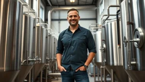 Professional brewery owner standing in craft brewery facility surrounded by fermentation tanks and brewing equipment, confident expression, wearing casual business attire, natural lighting from industrial windows, modern production facility environment