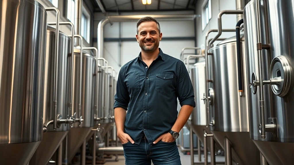Professional brewery owner standing in craft brewery facility surrounded by fermentation tanks and brewing equipment, confident expression, wearing casual business attire, natural lighting from industrial windows, modern production facility environment