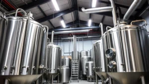 Professional brewery interior with stainless steel fermentation vessels, temperature control systems, and quality assurance equipment in a modern craft brewing facility