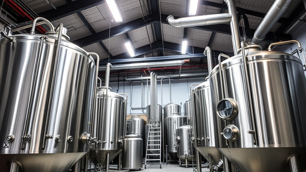 Professional brewery interior with stainless steel fermentation vessels, temperature control systems, and quality assurance equipment in a modern craft brewing facility