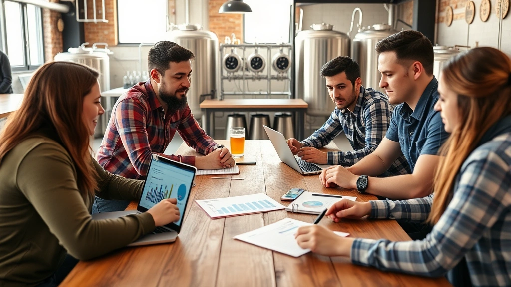 Diverse brewery team collaborating at wooden table with laptop and notebooks, reviewing business metrics and growth strategies, professional casual setting with brewery taproom visible in background, natural daylight, focused discussion atmosphere