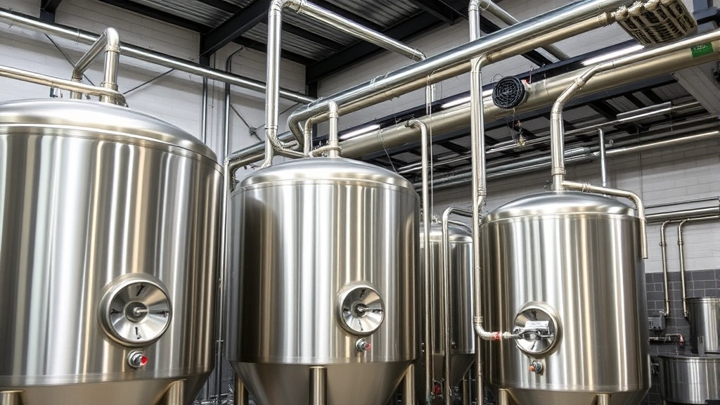 Sustainable brewery operations with modern fermentation tanks and environmental monitoring systems in a contemporary brewing facility