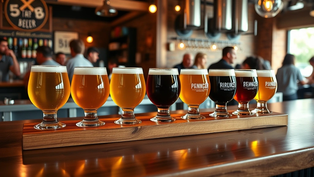 Craft beer tasting flight display on wooden bar counter with multiple beer glasses showing different colors and styles, brewery taproom setting with customers in soft background, warm ambient lighting, premium presentation of product
