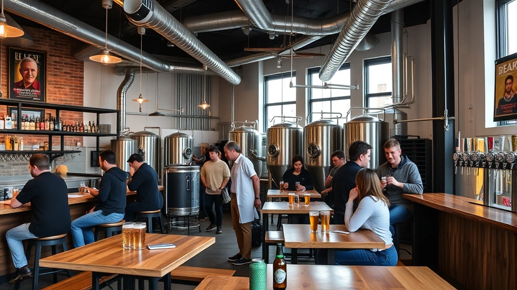 Modern brewery taproom with customers sampling craft beers in a contemporary industrial space featuring wooden tables and craft beer taps