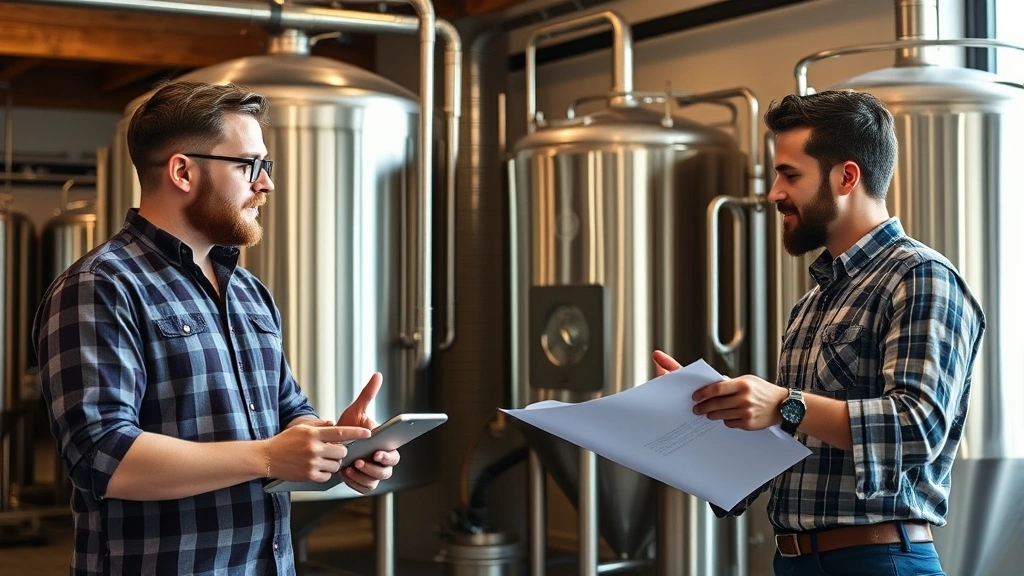 Craft brewery co-founders discussing business strategy in modern brewery setting with stainless steel equipment visible in background, professional casual attire, collaborative body language
