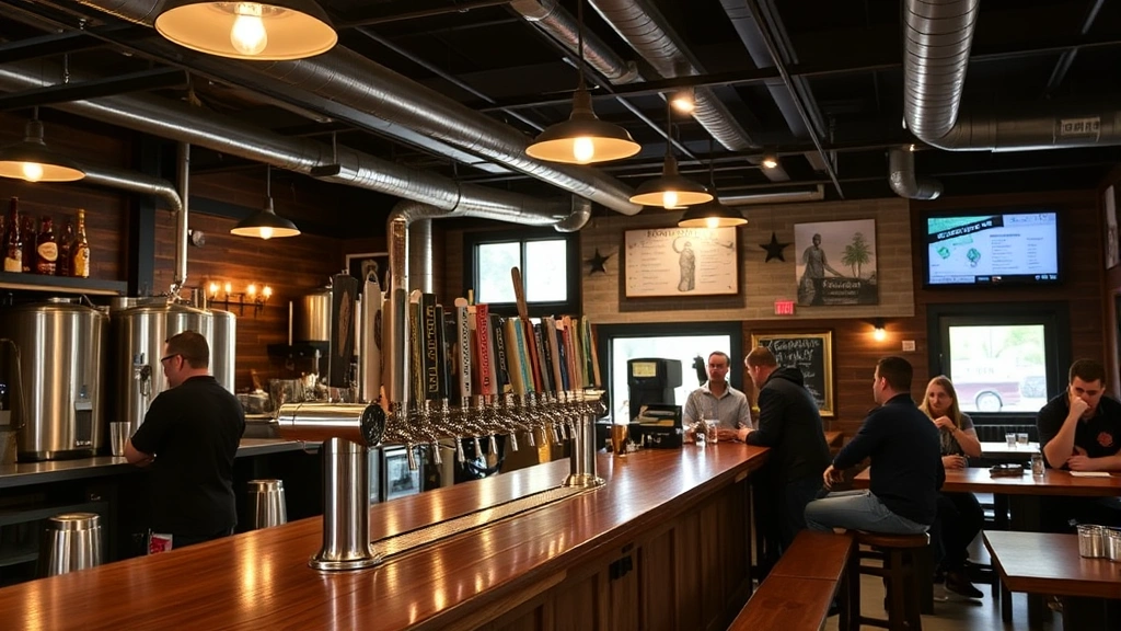 Brewery taproom interior featuring wooden bar counter with multiple craft beer taps, warm ambient lighting, comfortable seating area, customers enjoying beverages, authentic neighborhood gathering space