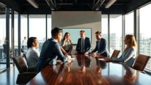 Professional business executives in modern office conference room having transparent discussion around polished wooden table with natural light streaming through floor-to-ceiling windows, displaying genuine engagement and trust-based collaboration