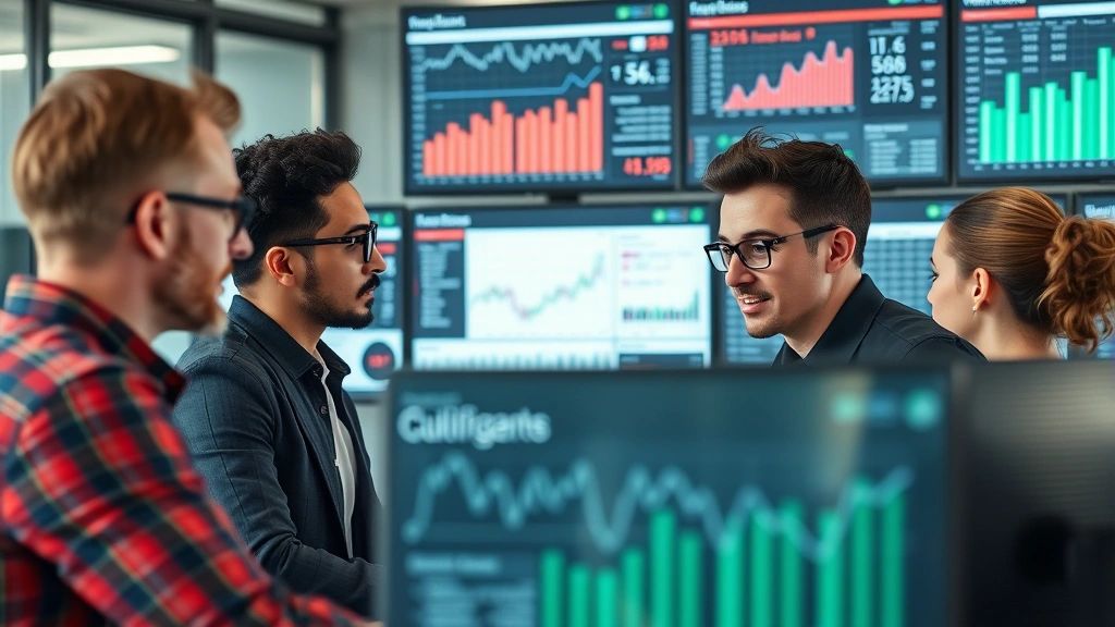 Close-up of diverse team members reviewing authentic business metrics and transparent financial dashboards on multiple monitors, showing genuine data analysis and honest performance evaluation in contemporary corporate setting