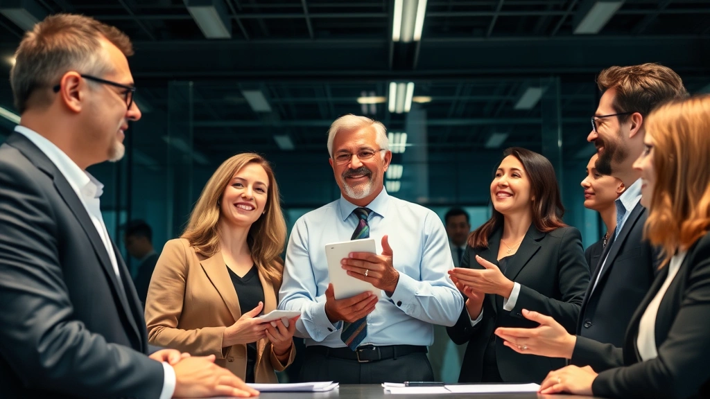 Corporate leaders demonstrating integrity and authentic communication in professional business environment, with employees and stakeholders visibly responding with trust and engagement, symbolizing transparent organizational culture