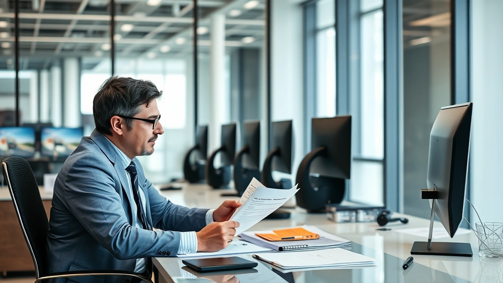 Professional transportation insurance broker reviewing policy documents with commercial truck fleet owner in modern office setting, discussing coverage options at desk with computer screens visible