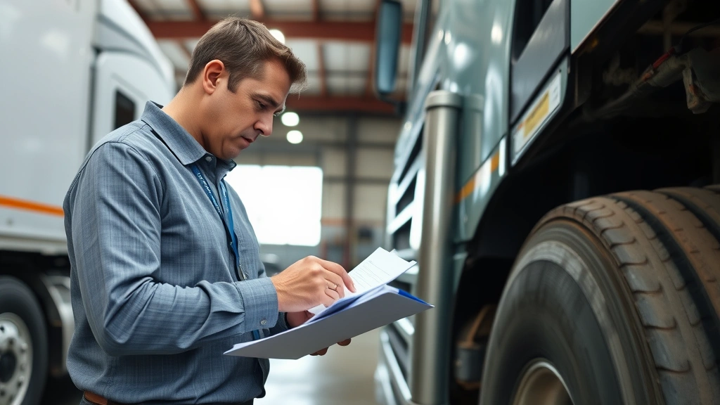 Experienced insurance claims adjuster inspecting commercial vehicle damage at trucking company facility, taking photographs and notes for claim assessment, professional attire