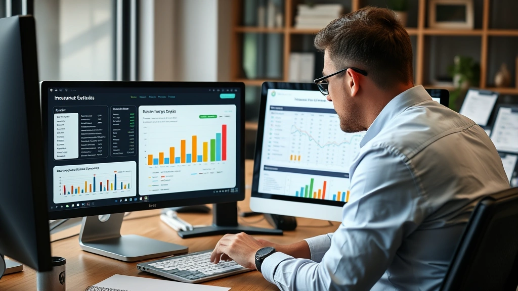Business owner reviewing insurance comparison charts and financial reports on computer screen in office, analyzing premium quotes and coverage options from different carriers