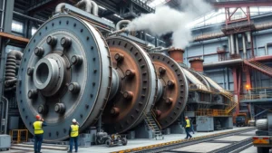 Industrial cement manufacturing facility with massive rotating kilns and production equipment operating at full capacity, workers in safety gear monitoring operations, dust control systems visible, modern factory infrastructure with steel structures and conveyor systems, professional industrial photography