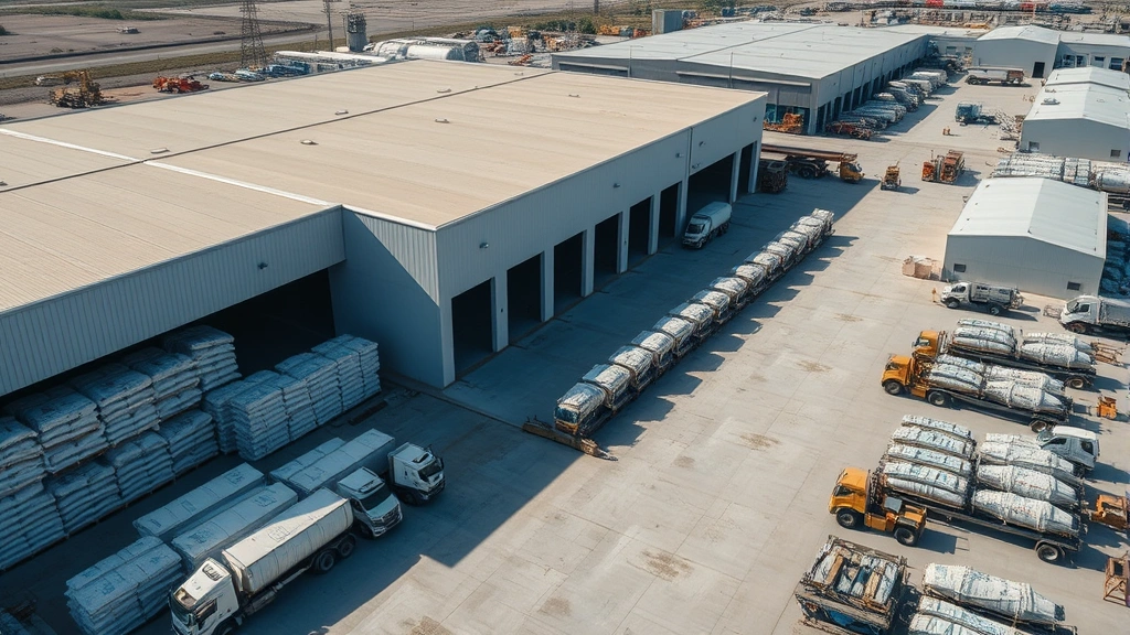 Aerial view of large cement distribution facility with stacked bags of cement, multiple loading trucks backed up to loading docks, organized warehouse storage, heavy equipment moving materials, sprawling industrial complex showing scale of operations, daytime corporate photography