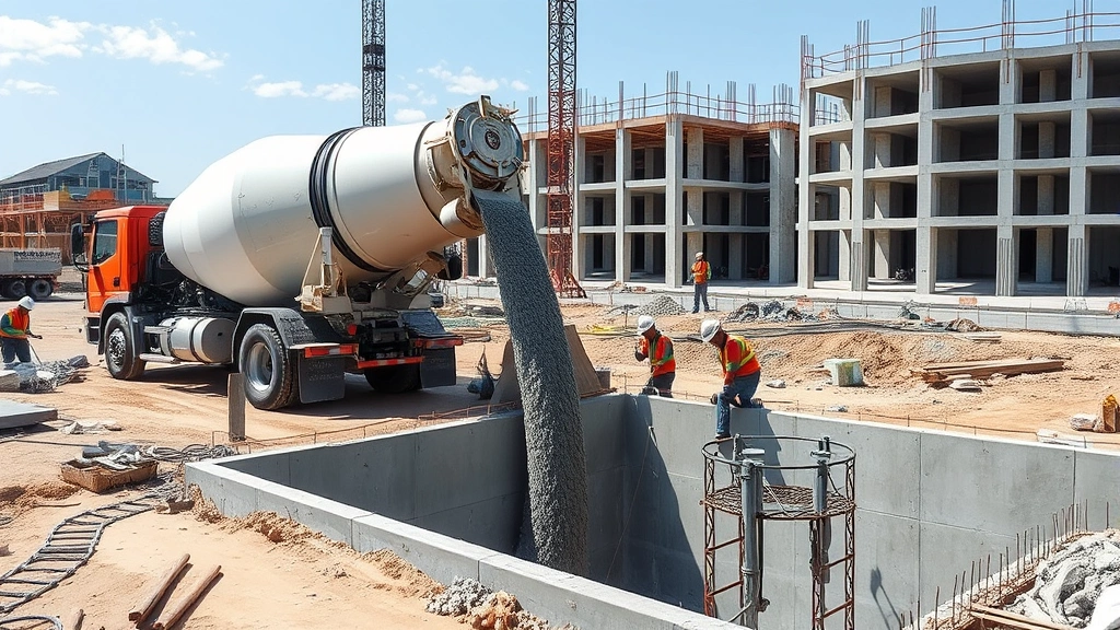 Construction site with concrete being poured from ready-mix truck into foundation forms, workers in hard hats and safety vests managing concrete placement, finished concrete structures visible in background, modern building framework, clear demonstration of cement product application in real construction