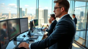 Professional portfolio manager analyzing financial data on multiple monitors in modern glass office overlooking city skyline, wearing business attire, focused expression, diverse team visible in background working on investments
