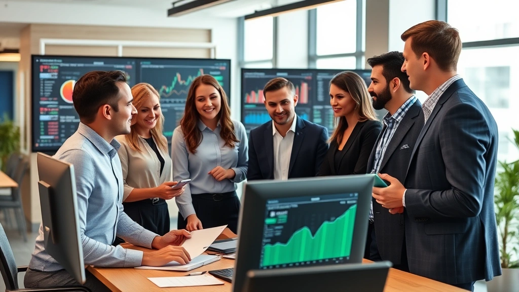 Diverse team of financial analysts collaborating in contemporary office space, reviewing charts and data on large screens, casual business wear, engaged discussion about market trends and portfolio performance