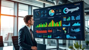 Professional asset manager reviewing digital dashboard with real-time asset performance metrics on large monitor in modern corporate office, surrounded by infrastructure and equipment data visualizations