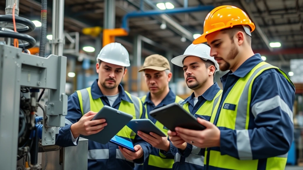 Team of maintenance technicians using mobile tablets to access asset information and maintenance schedules in industrial warehouse setting, examining equipment with focused attention and professional uniforms