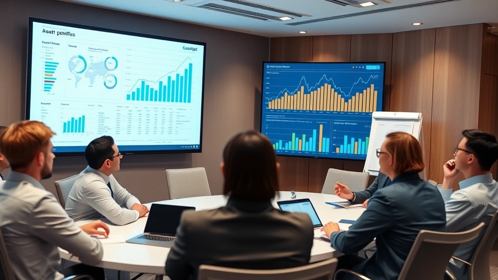 Executive leadership team in conference room analyzing asset portfolio data on large screen display, discussing strategic asset optimization decisions with financial charts and performance indicators visible