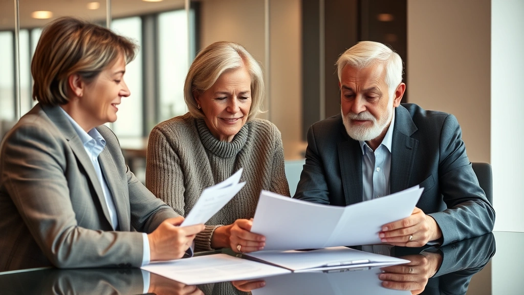 Professional financial advisor consulting with mature couple in modern office setting, reviewing retirement documents on glass desk, warm lighting, confident expressions, diverse representation