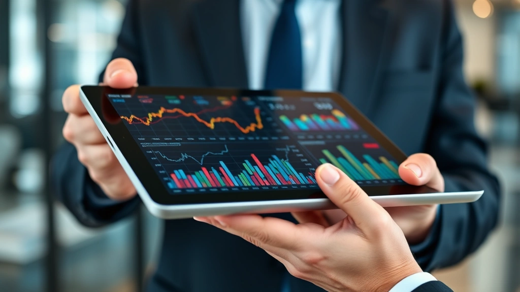 Close-up of financial charts and graphs on digital tablet screen held by business professional in suit, showing market data and performance metrics, office background blurred