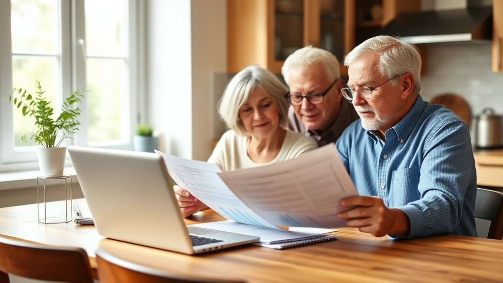 Senior couple reviewing financial documents together at home kitchen table, laptop open showing investment portfolio, natural daylight, peaceful retirement planning atmosphere