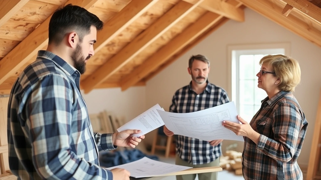 Contractor consultation meeting: business professional reviewing attic insulation project specifications and measurements with homeowner, discussing installation plans and energy efficiency improvements in residential setting