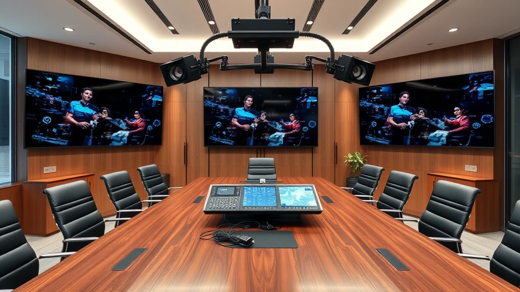 Modern corporate boardroom with integrated audio video system showing large display screens, professional microphone array, and sleek control panels mounted on mahogany conference table, contemporary office environment with natural lighting