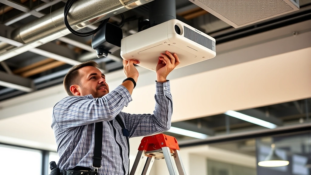 Professional AV technician in business casual attire installing ceiling-mounted speakers and video projector in commercial space, using ladder and specialized tools, focused expression showing technical expertise and precision