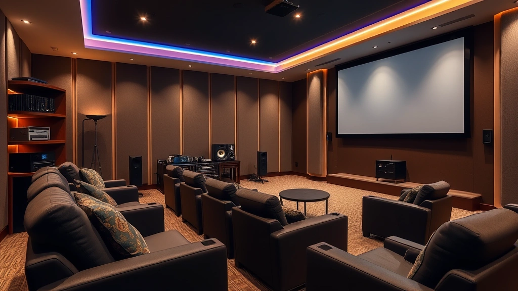 Luxury home theater room with comfortable seating, ambient lighting, professional sound system components visible on shelves, large projection screen, acoustic panels on walls, demonstrating high-end residential installation