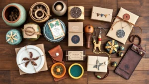 Overhead shot of diverse handcrafted Austin artisan gifts arranged on wooden surface including pottery, leather goods, and jewelry displaying local craftsmanship