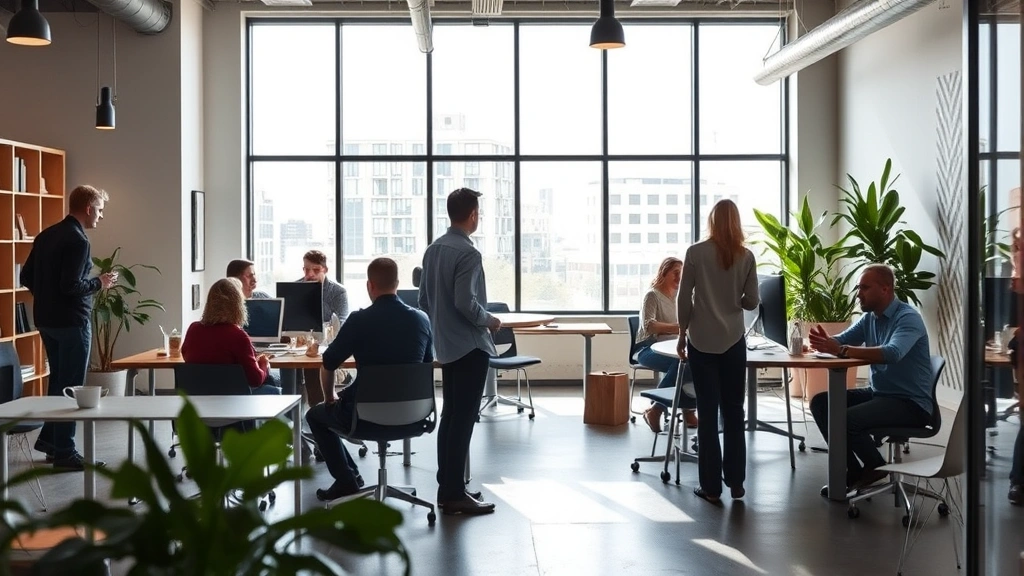 Modern Austin technology startup office workspace with collaborative team environment natural light windows showing innovation culture and entrepreneurial energy