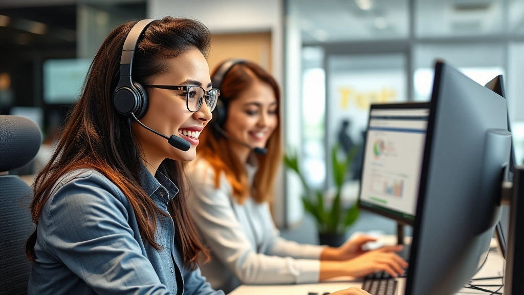 Diverse customer service representative wearing headset at ergonomic workspace with dual monitors, assisting customer with insurance inquiry, modern call center environment, professional atmosphere, focused expression