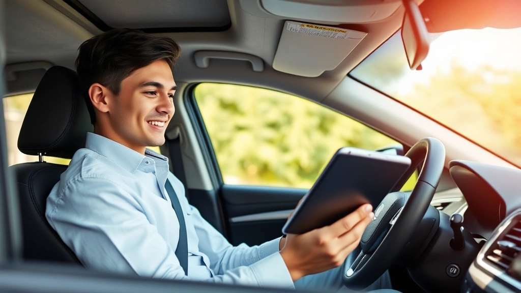 Young professional driver reviewing insurance documents on tablet while parked in car, checking policy details and claims information through mobile app, natural daylight, satisfied expression, contemporary vehicle interior