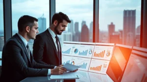 Professional male executives in business suits reviewing operational dashboards and performance metrics in a modern corporate office environment with large windows overlooking city skyline