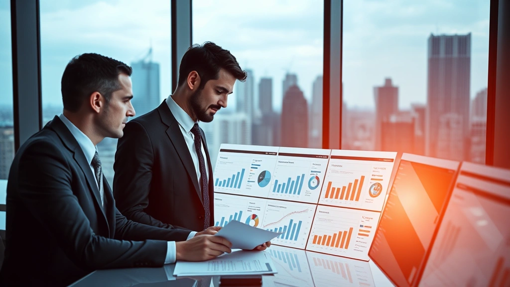 Professional male executives in business suits reviewing operational dashboards and performance metrics in a modern corporate office environment with large windows overlooking city skyline