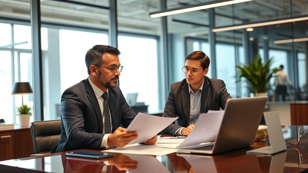 Senior business leader mentoring younger professional in modern office setting, discussing strategic documents and business plans at executive desk with professional atmosphere