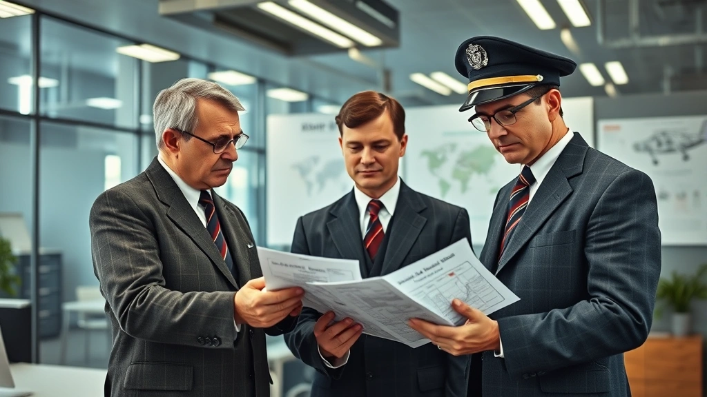 Professional aviation executives in 1940s business attire reviewing aircraft maintenance schedules and operational charts in a modern corporate office setting, serious expressions, focused on documentation