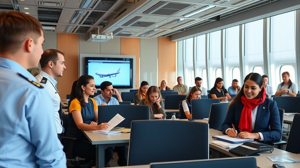 Diverse airline crew members and ground staff receiving training in a professional classroom environment, engaged in learning activities, modern instructional materials visible, collaborative atmosphere