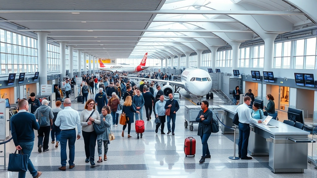 Busy airport terminal with passengers boarding aircraft, professional ground crew directing operations, modern check-in counters, organized efficient activity demonstrating operational excellence
