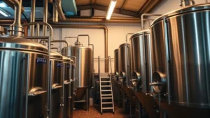 Professional craft brewery interior with stainless steel fermentation tanks, warm ambient lighting, experienced brewers monitoring equipment, clean production environment, industrial-modern aesthetic