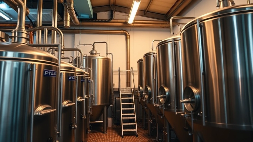 Professional craft brewery interior with stainless steel fermentation tanks, warm ambient lighting, experienced brewers monitoring equipment, clean production environment, industrial-modern aesthetic