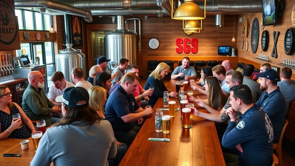 Bustling brewery taproom with diverse customers enjoying beer, wooden bar counter, warm hospitality atmosphere, casual social gathering, comfortable seating areas, craft beer glassware