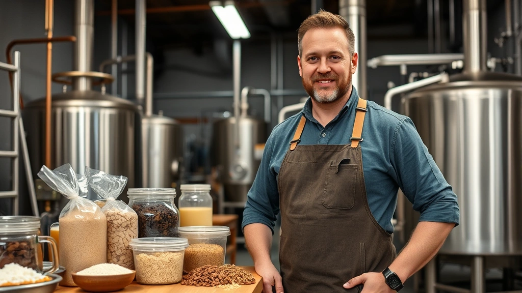 Regional brewery owner standing confidently in production facility, quality ingredients displayed prominently, professional brewery setting, modern equipment visible in background, authentic business environment